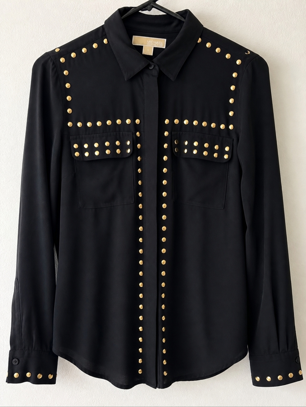 Michael Kors 100% Silk Studded Shirt Black Gold Studs Size S Edgy Chic Y2K